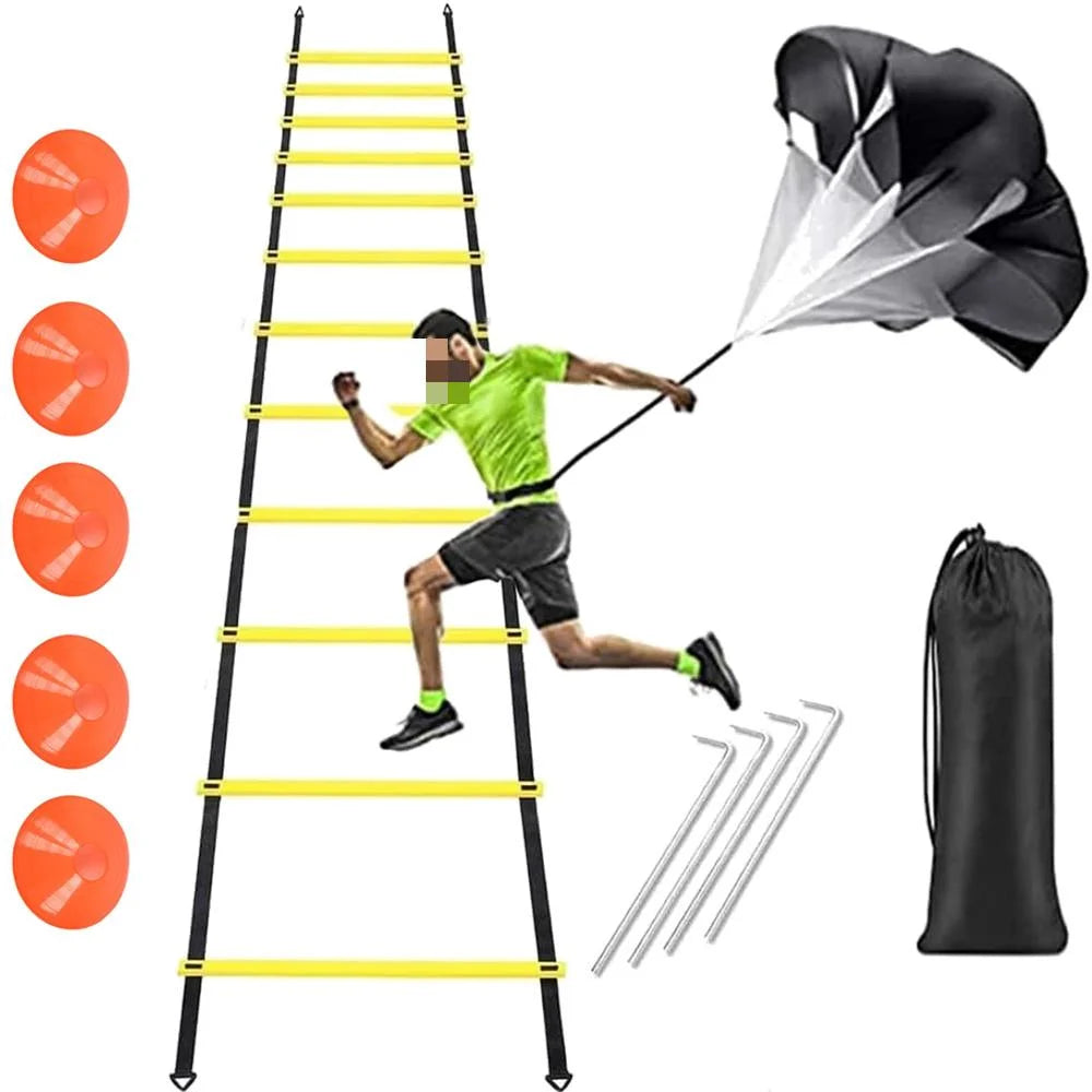 Agility Ladder, 20 Ft Speed Training Equipment Includes 12 Rungs, 1 Running Parachute, 5 Disc Cones, 4 Steel Stakes, 1 Carry Bag, Speed Agility Training Set for Football Basketball Hockey