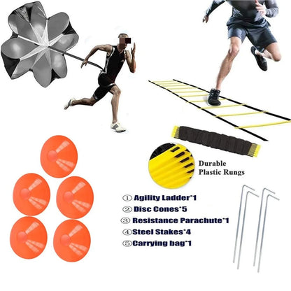 Agility Ladder, 20 Ft Speed Training Equipment Includes 12 Rungs, 1 Running Parachute, 5 Disc Cones, 4 Steel Stakes, 1 Carry Bag, Speed Agility Training Set for Football Basketball Hockey