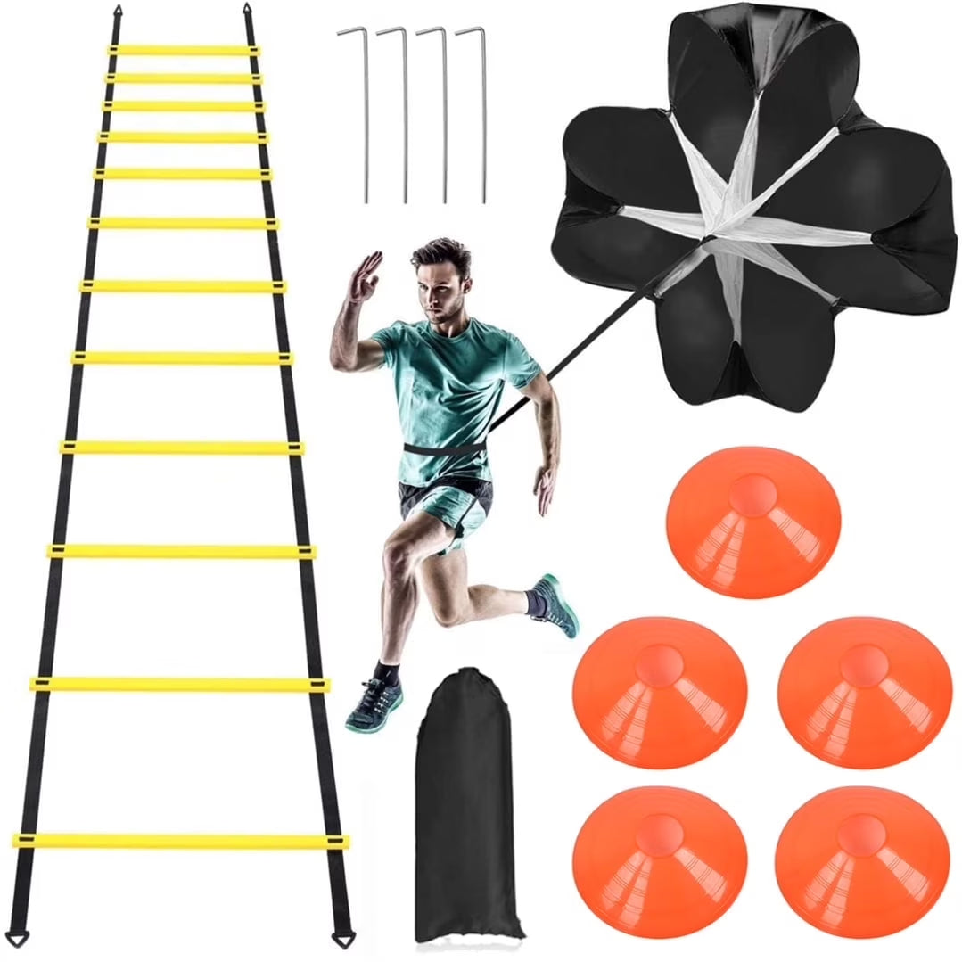 Agility Ladder, 20 Ft Speed Training Equipment Includes 12 Rungs, 1 Running Parachute, 5 Disc Cones, 4 Steel Stakes, 1 Carry Bag, Speed Agility Training Set for Football Basketball Hockey